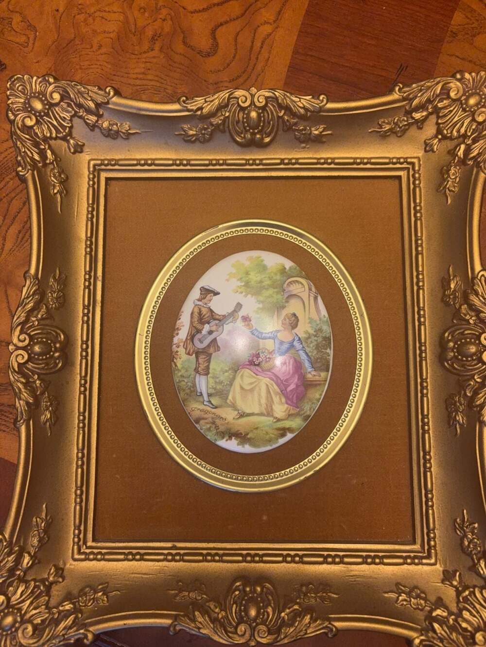 Vintage Antique Fragonard Painted Pocelain Court Scene Miniature Painting Framed